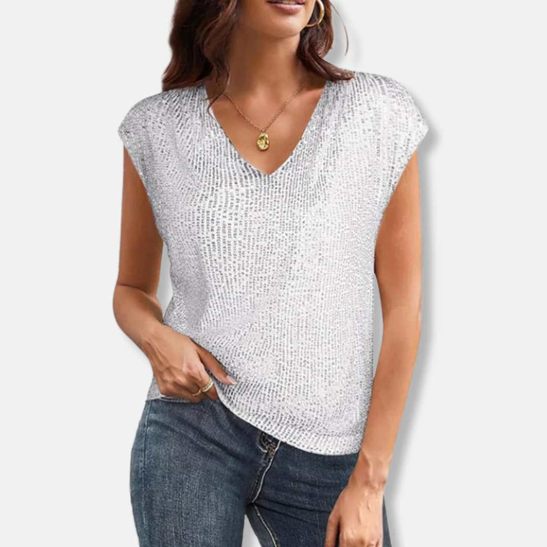 Lily Sequin V-Neck Top | Relaxed Fit Cap Sleeve Top - Image 5