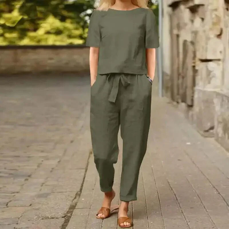Flory Set | Loose Fit Short Sleeve Top & High Waist Tie Pants Set - Image 3