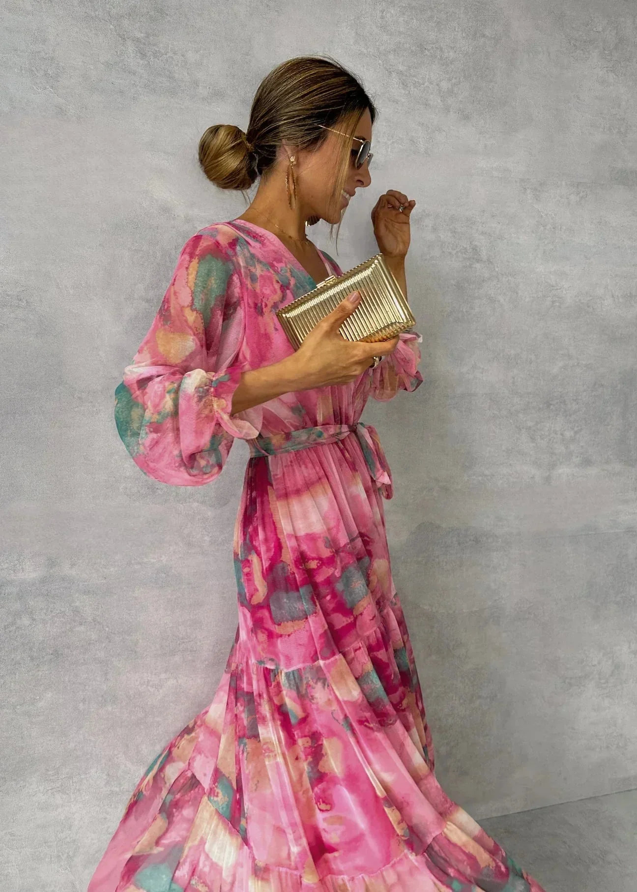 Maila Dress | Floral Print V-neck Big Swing Chiffon Maxi Dress - Image 3