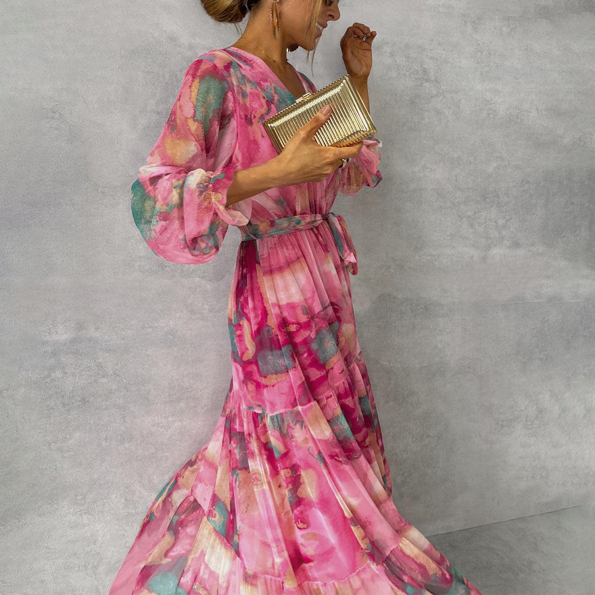 Maila Dress | Floral Print V-neck Big Swing Chiffon Maxi Dress - Image 4