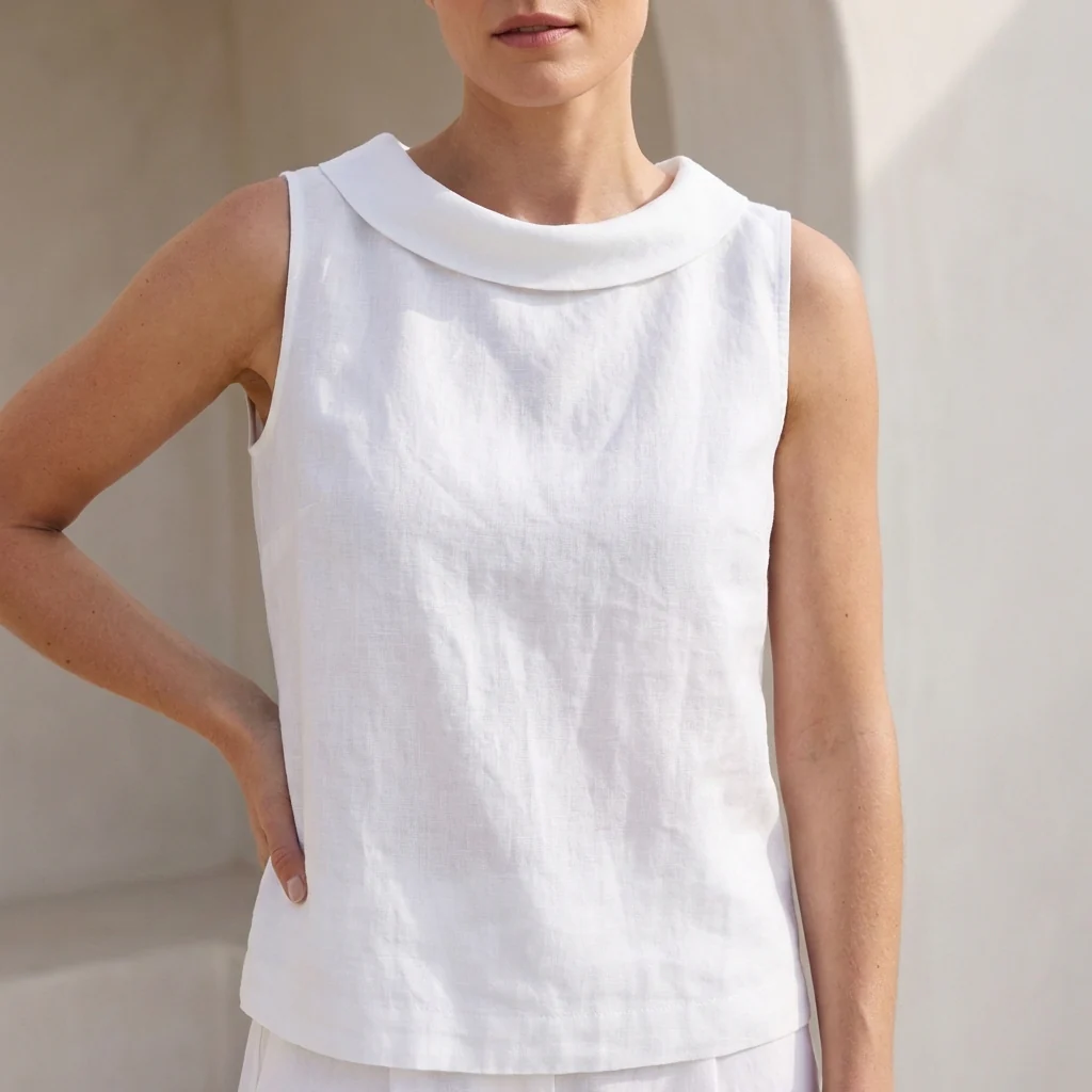 Maria Relaxed Fit Sleeveless Top | Roll Collar Curved Hem Top - Image 6