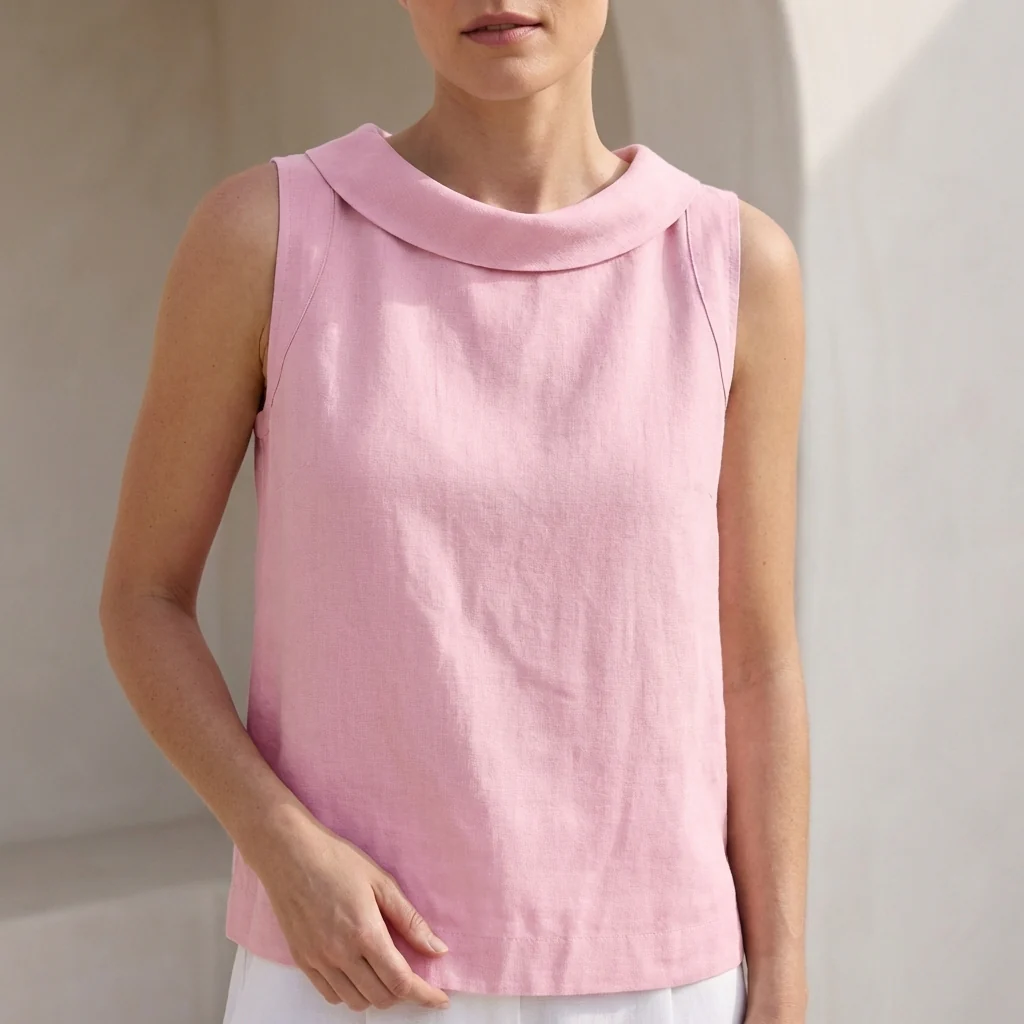 Maria Relaxed Fit Sleeveless Top | Roll Collar Curved Hem Top - Image 7