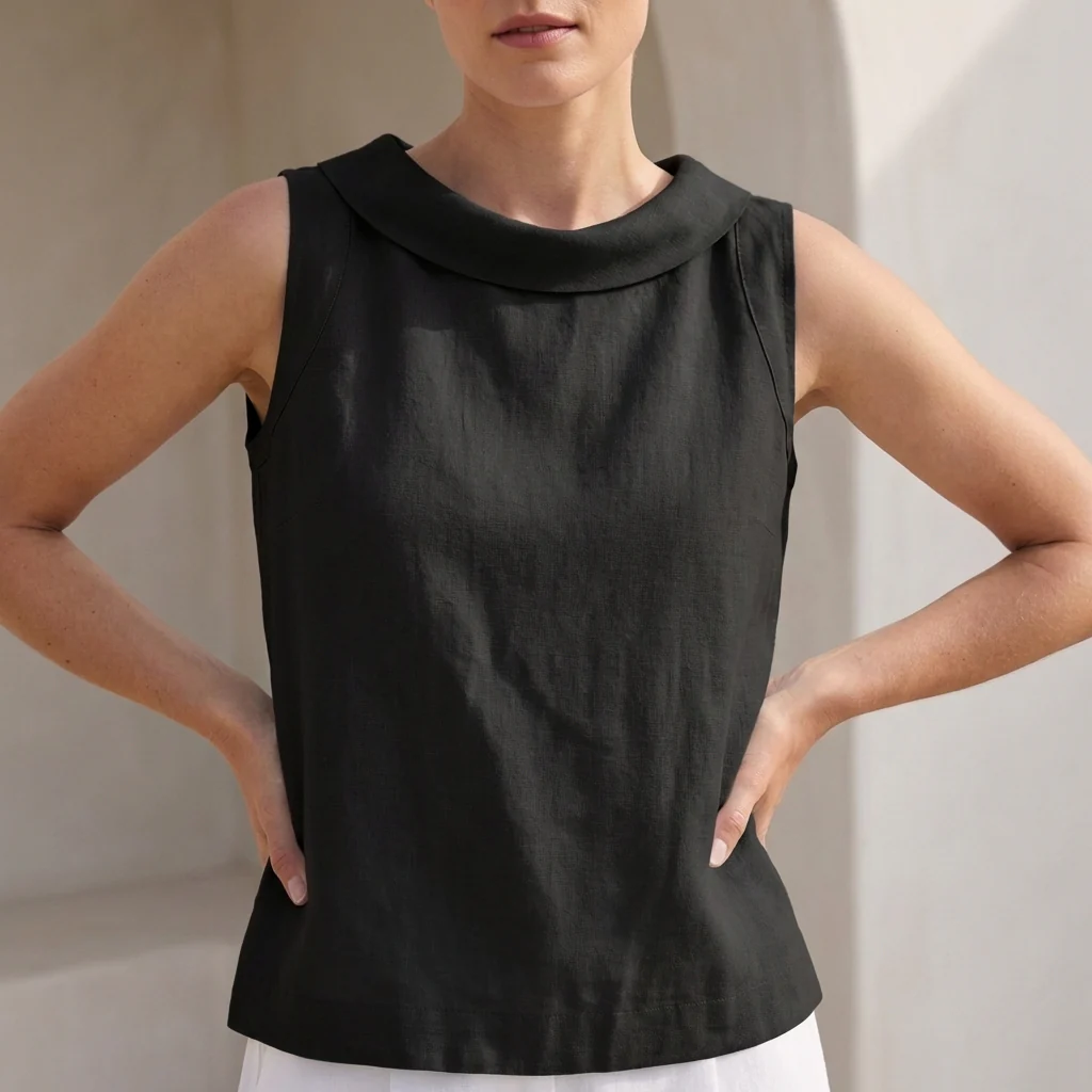 Maria Relaxed Fit Sleeveless Top | Roll Collar Curved Hem Top - Image 8