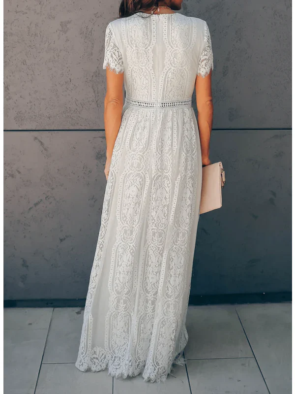 Maribel Dress | Summer Short Sleeve Classic Long Lace Dress - Image 3