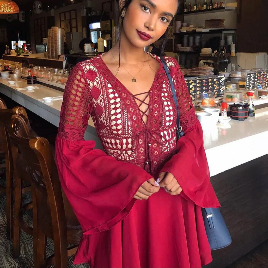 Mariyah Dress | Long Sleeve Lace-Up V-Neck Mini Dress - Image 3