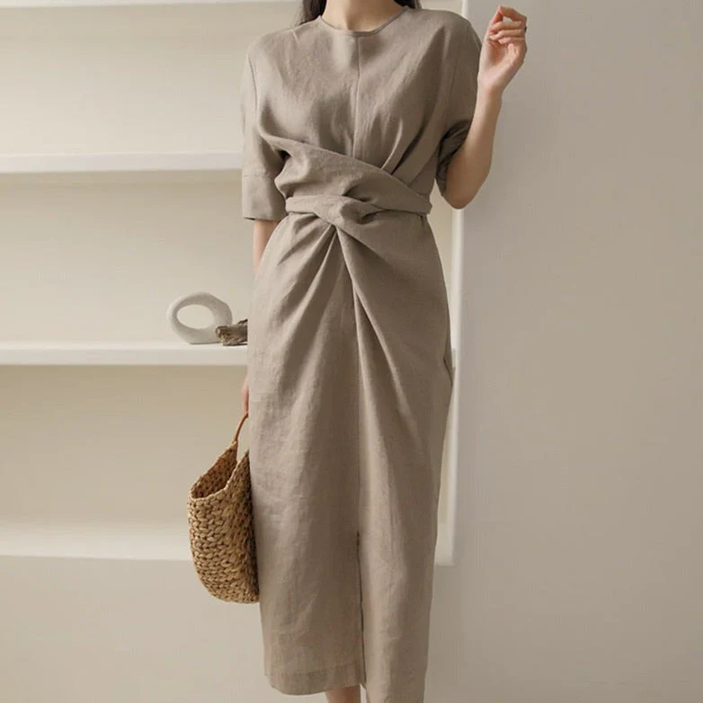 May Dress | Waist Twisted Pleated Cotton Linen Dress