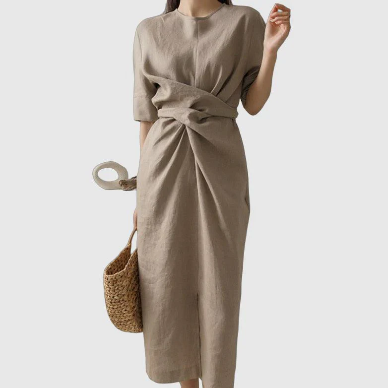 May Dress | Waist Twisted Pleated Cotton Linen Dress - Image 11