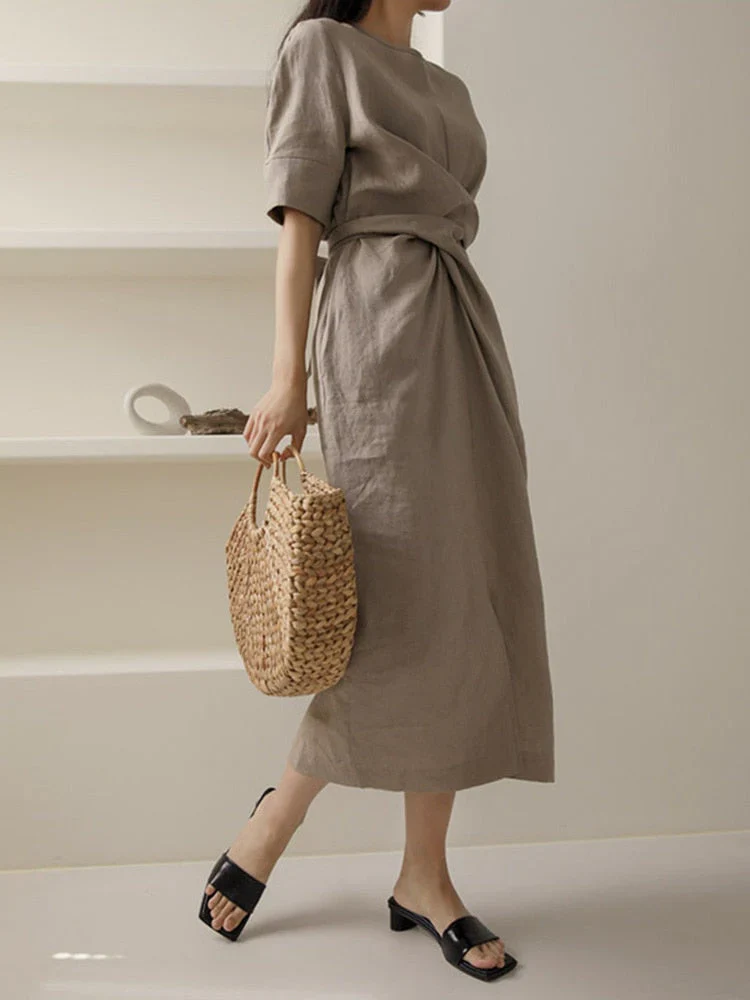 May Dress | Waist Twisted Pleated Cotton Linen Dress - Image 2