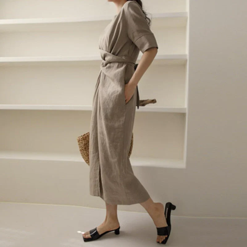 May Dress | Waist Twisted Pleated Cotton Linen Dress - Image 3