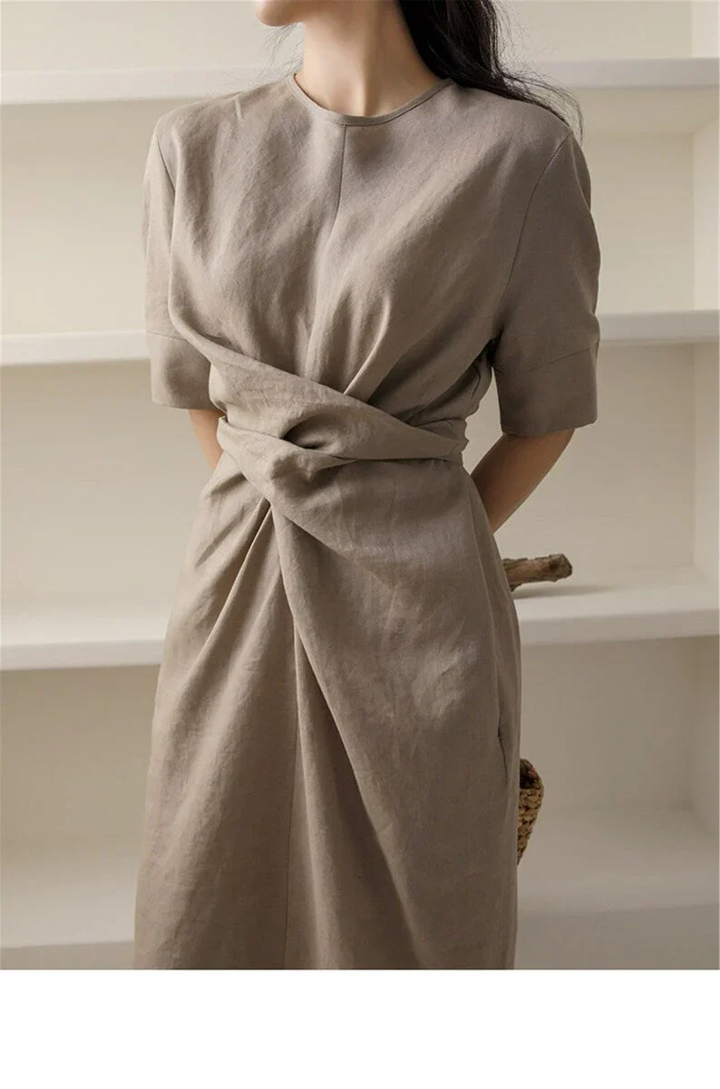 May Dress | Waist Twisted Pleated Cotton Linen Dress - Image 4