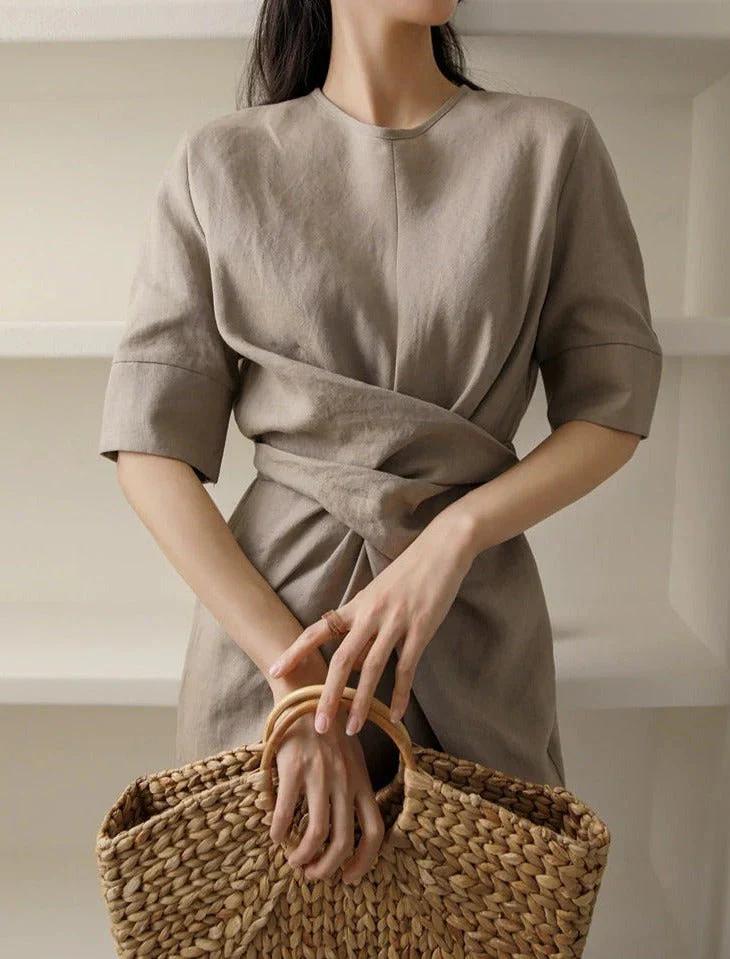 May Dress | Waist Twisted Pleated Cotton Linen Dress - Image 6