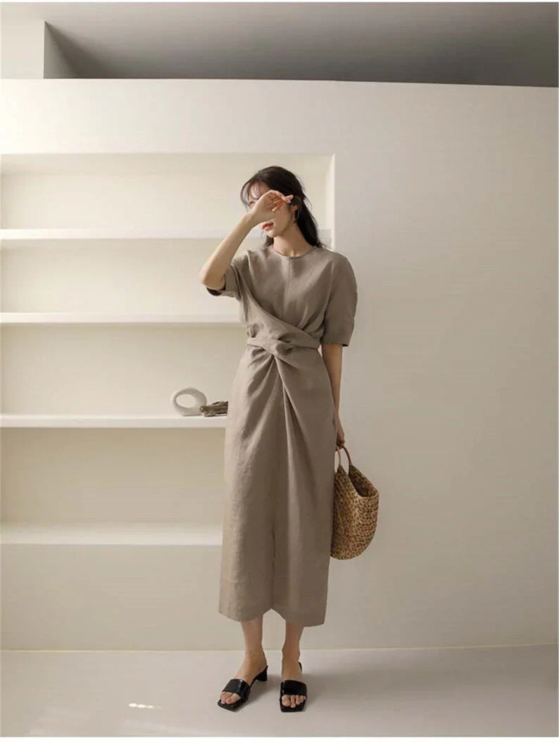 May Dress | Waist Twisted Pleated Cotton Linen Dress - Image 7
