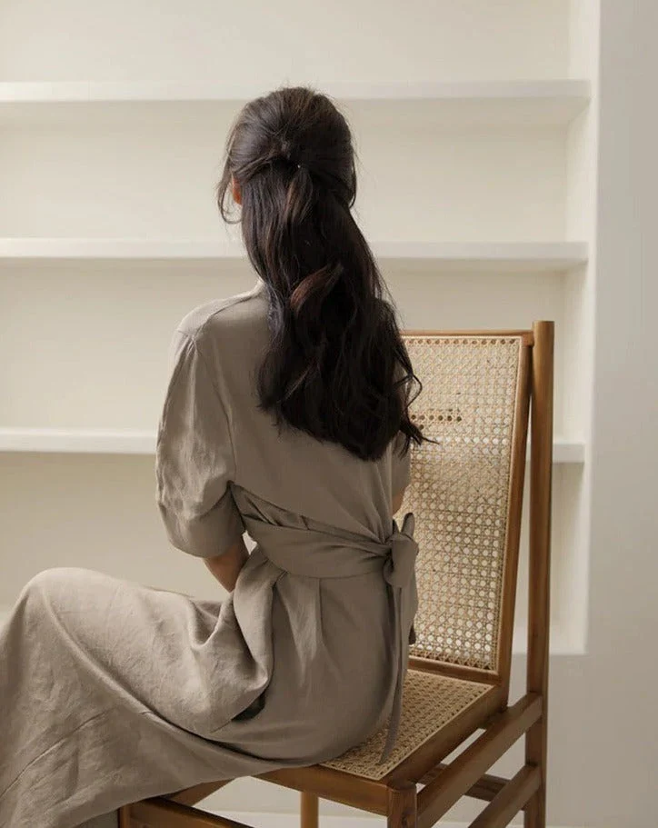 May Dress | Waist Twisted Pleated Cotton Linen Dress - Image 8
