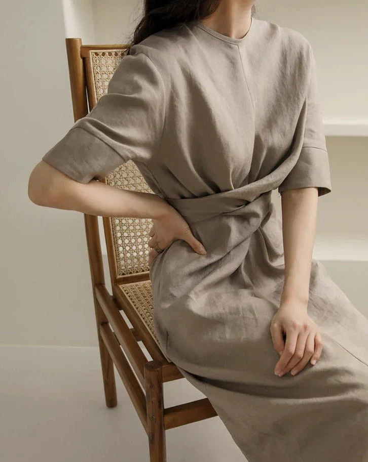 May Dress | Waist Twisted Pleated Cotton Linen Dress - Image 9