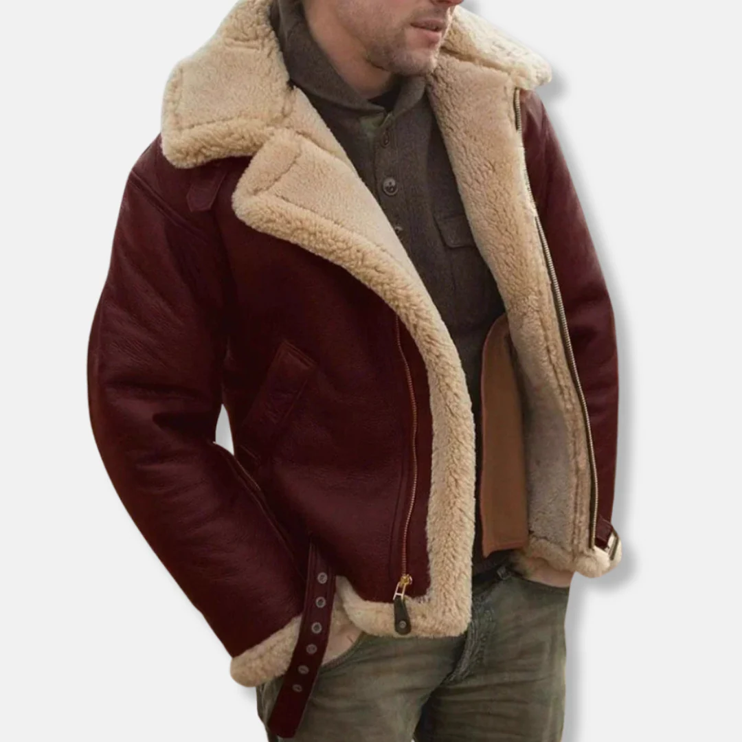 Men’s Aviator Jacket – Leather Look – Shearling Trim – Buckle Straps – Zip Closure - Image 3