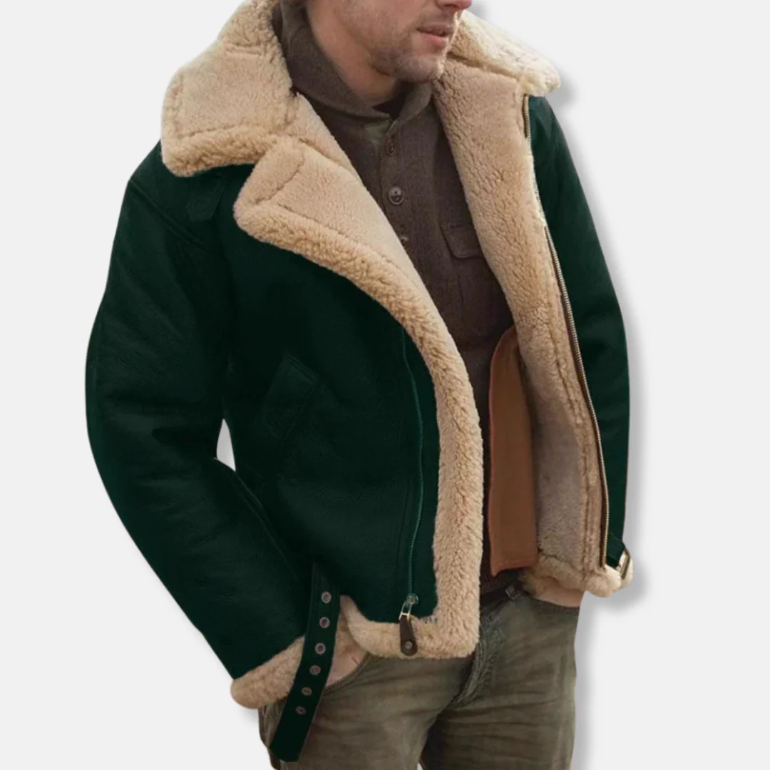 Men’s Aviator Jacket – Leather Look – Shearling Trim – Buckle Straps – Zip Closure - Image 4