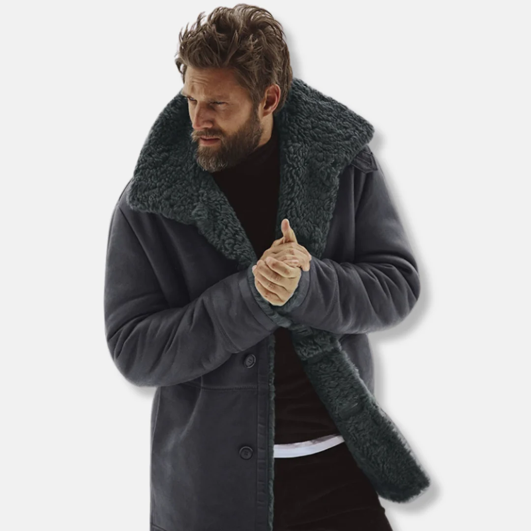 Men’s Coat – Relaxed Fit – Shearling Collar – Button Front – Mid-Thigh Length - Image 3
