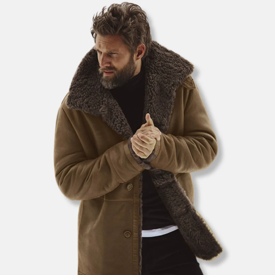 Men’s Coat – Relaxed Fit – Shearling Collar – Button Front – Mid-Thigh Length - Image 4