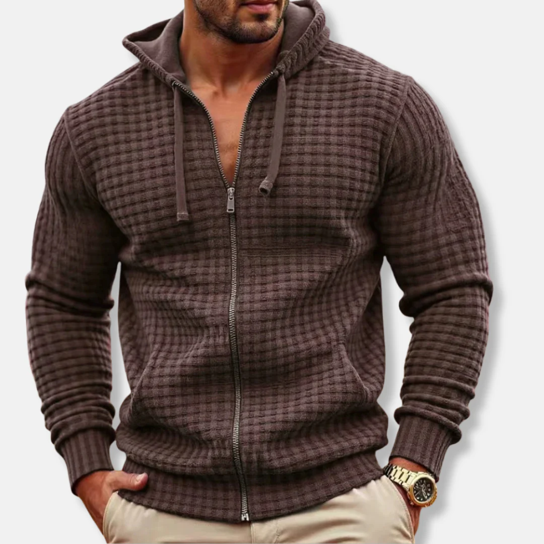 Men’s Hooded Sweatshirt – Waffle Knit – Regular Fit – Full Zip with Drawstring Hood - Image 3