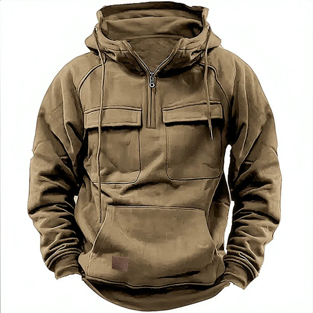 Men’s Hoodie – Relaxed Fit – Half Zip – Chest Flap Pockets – Cotton Fleece - Image 3