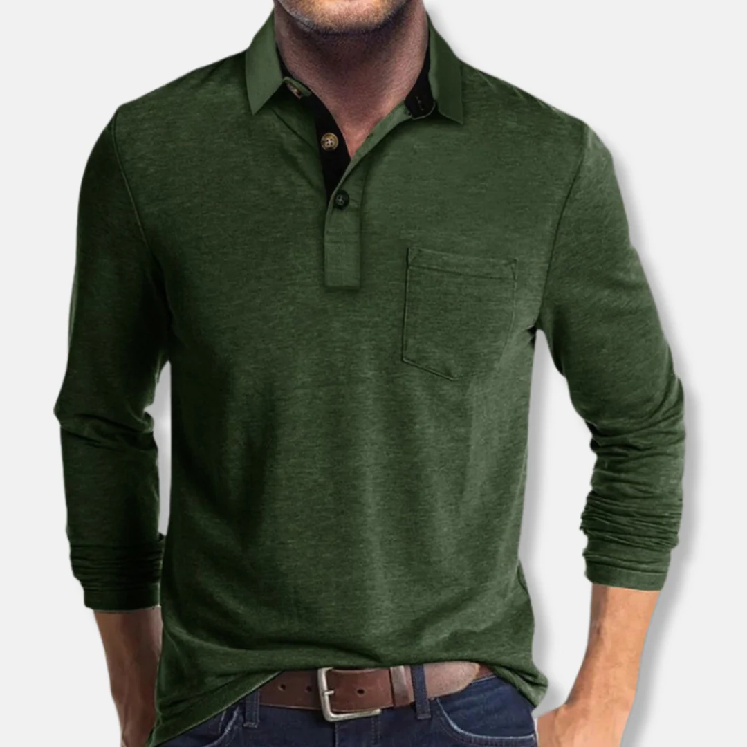 Men’s Long-Sleeve Polo Shirt – Regular Fit – Cotton Blend – Rib Cuffs – Patch Pocket - Image 3