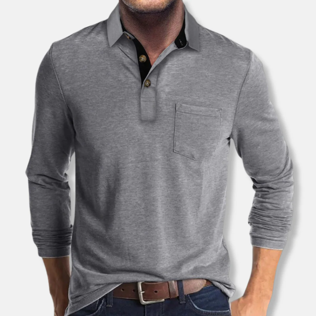 Men’s Long-Sleeve Polo Shirt – Regular Fit – Cotton Blend – Rib Cuffs – Patch Pocket - Image 4
