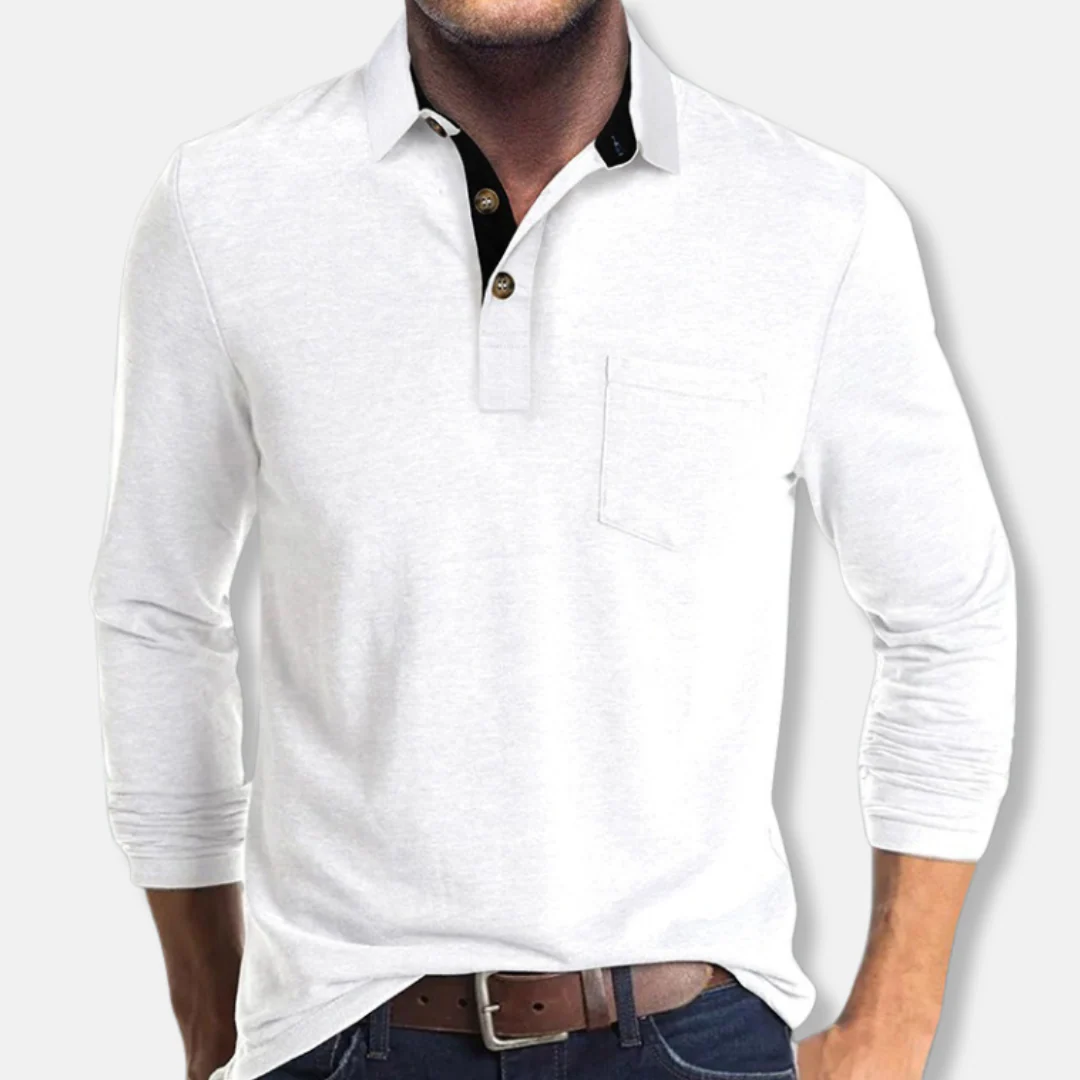 Men’s Long-Sleeve Polo Shirt – Regular Fit – Cotton Blend – Rib Cuffs – Patch Pocket - Image 5