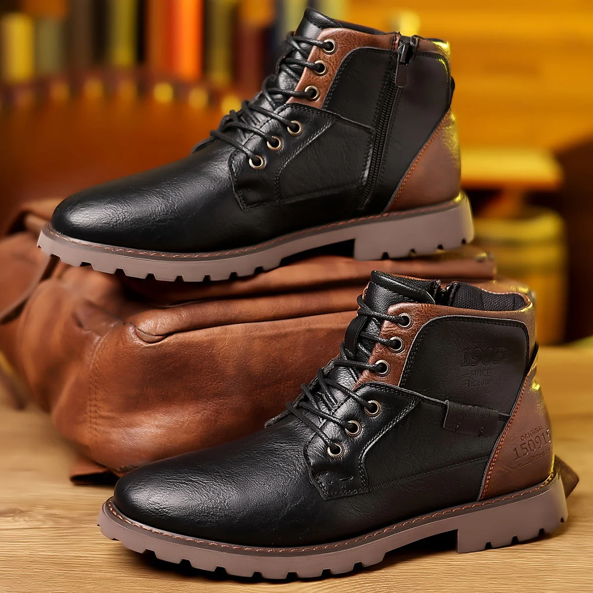 Men’s Mid-Calf Boots – Leather – Lace-Up with Side Zipper – Lugged Sole – Padded Ankle - Image 3