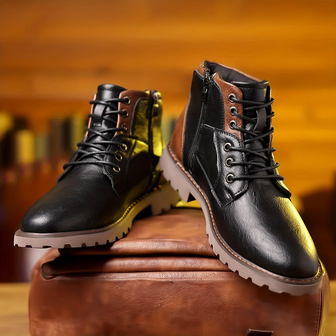 Men’s Mid-Calf Boots – Leather – Lace-Up with Side Zipper – Lugged Sole – Padded Ankle - Image 4