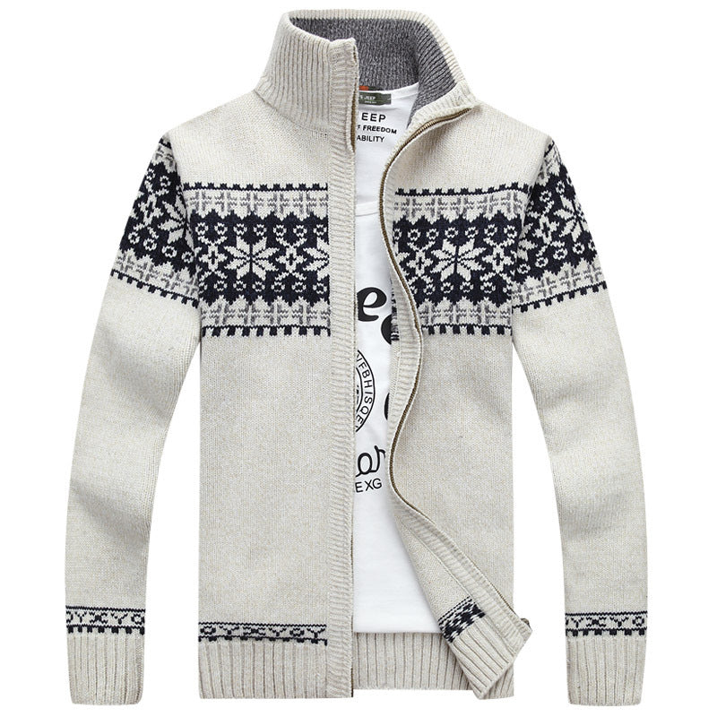 Men’s Sherpa Lined Knit Sweater – Wool Blend Zip-Up – Jacquard Design - Image 4