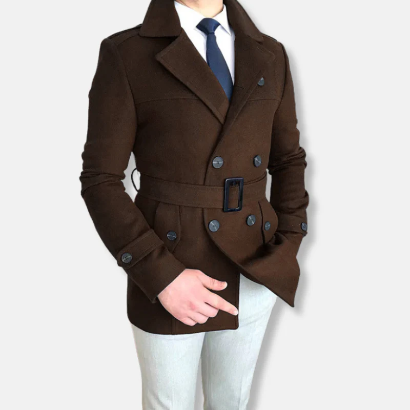 Men’s Short Jacket – Tailored Fit – Wool Blend – Double-Breasted – Belted Waist - Image 2