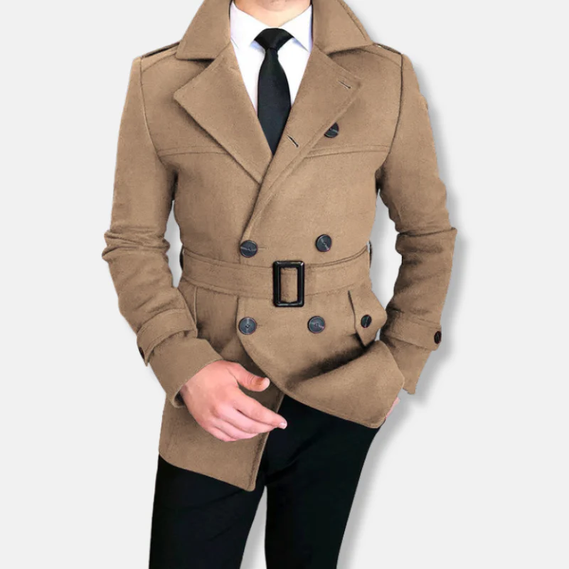 Men’s Short Jacket – Tailored Fit – Wool Blend – Double-Breasted – Belted Waist - Image 3