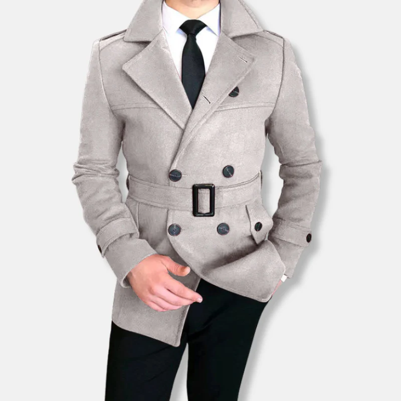 Men’s Short Jacket – Tailored Fit – Wool Blend – Double-Breasted – Belted Waist - Image 4