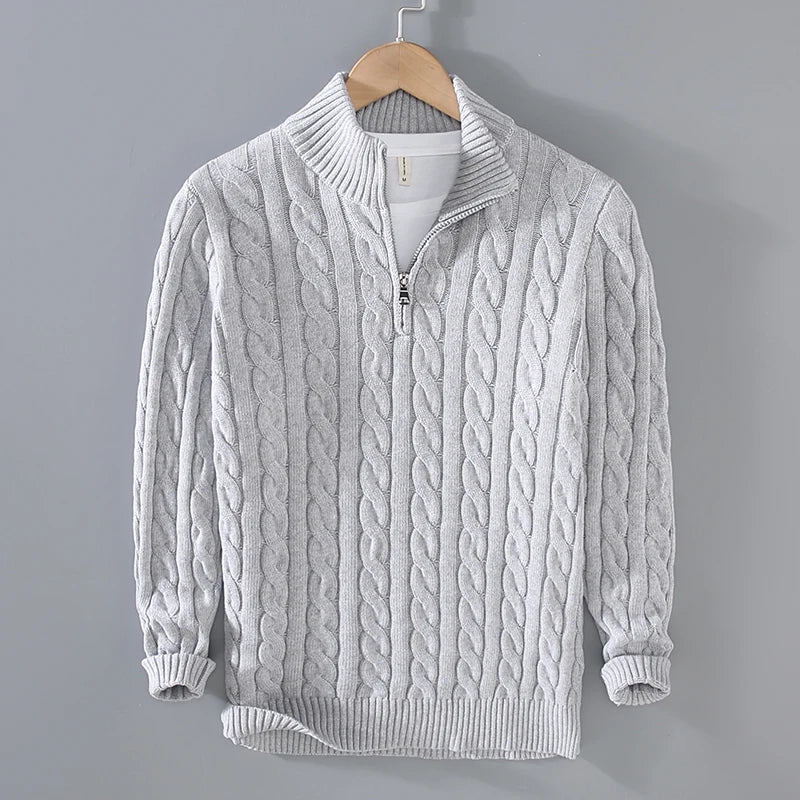 Men’s Sweater – Cotton Knit – Regular Fit – Cable Knit with Zip Collar - Image 3