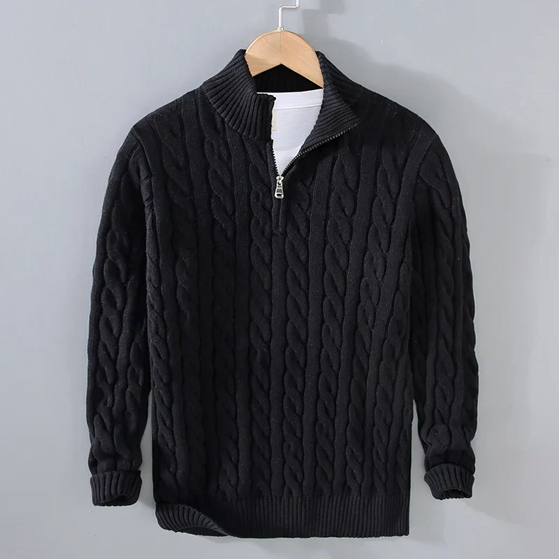 Men’s Sweater – Cotton Knit – Regular Fit – Cable Knit with Zip Collar - Image 4