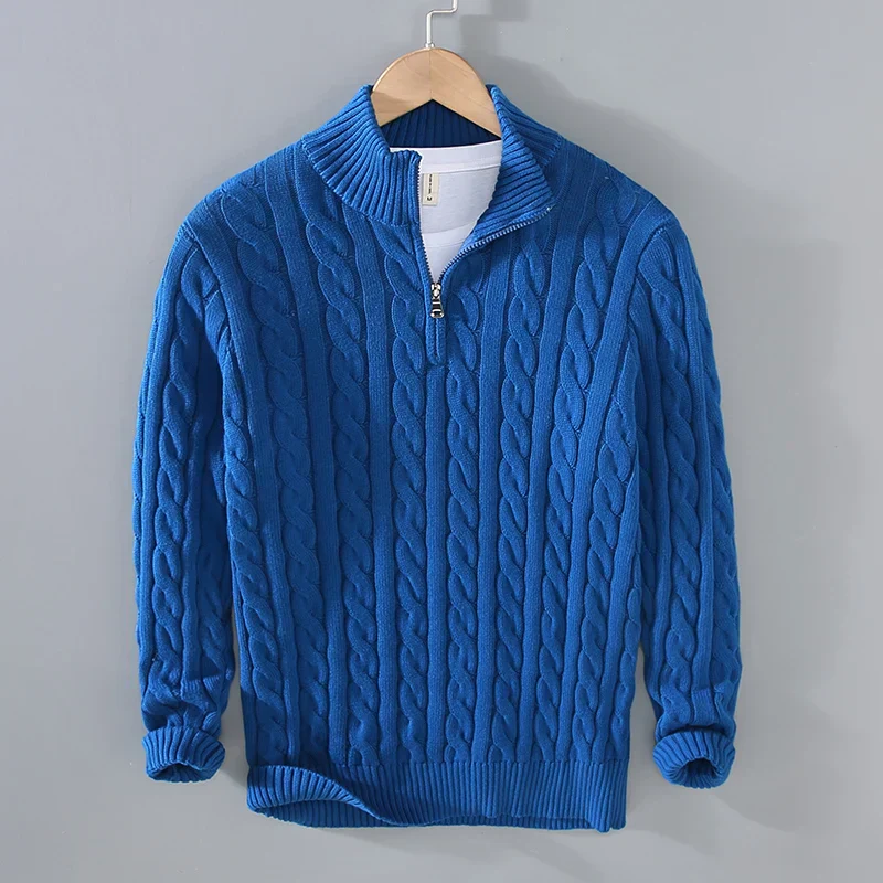 Men’s Sweater – Cotton Knit – Regular Fit – Cable Knit with Zip Collar - Image 5