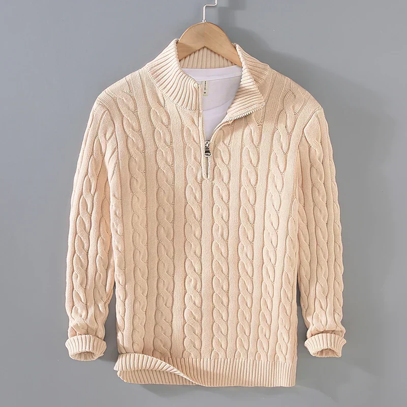 Men’s Sweater – Cotton Knit – Regular Fit – Cable Knit with Zip Collar - Image 6
