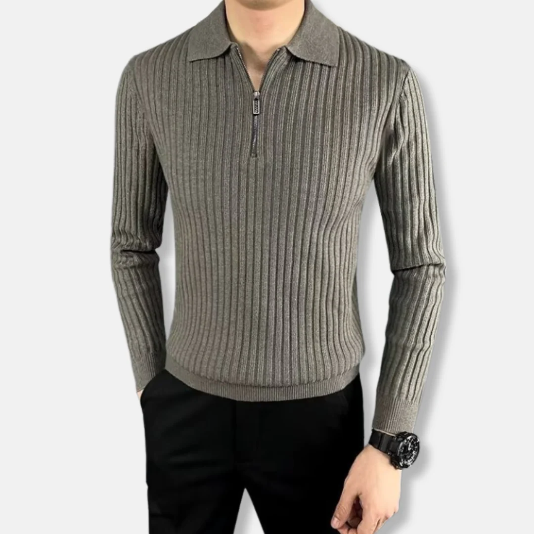 Men’s Sweater – Slim Fit – Rib-Knit Texture – Polo Collar – Half Zip – Long Sleeve - Image 3