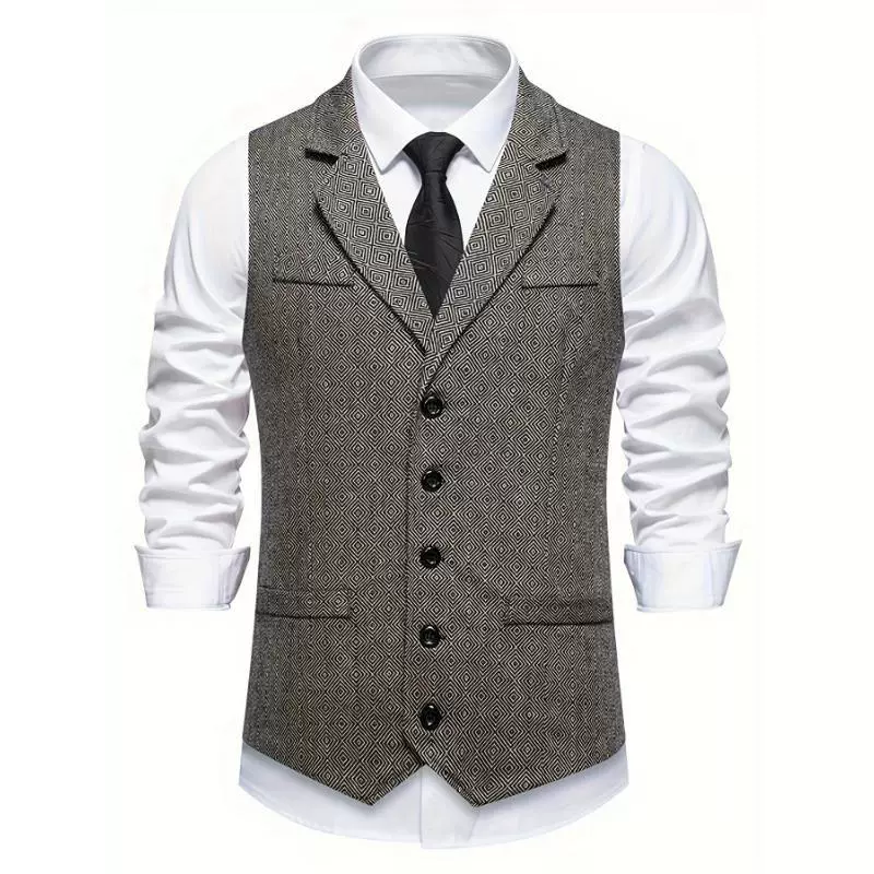 Men’s Vest – Slim Fit – Woven Fabric – Geometric Pattern – V-Neck – Five-Button - Image 3
