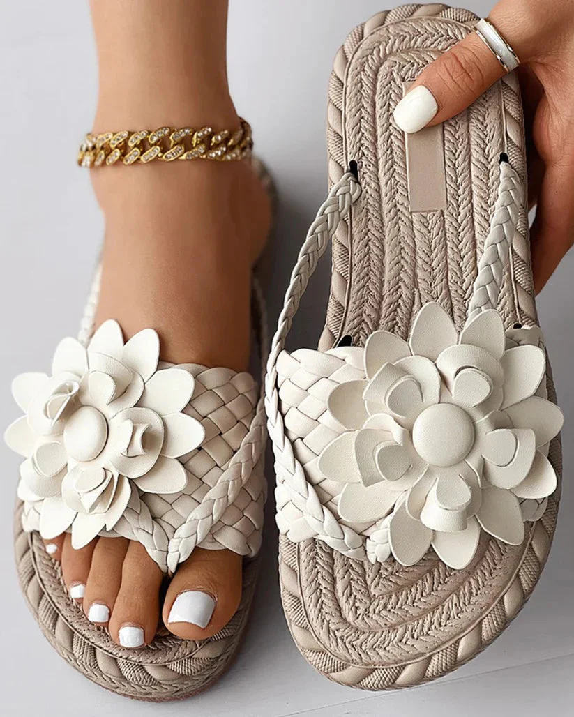 Mina Sandals Floral Braided Strap Woven Textured Sole Sandals - Image 3