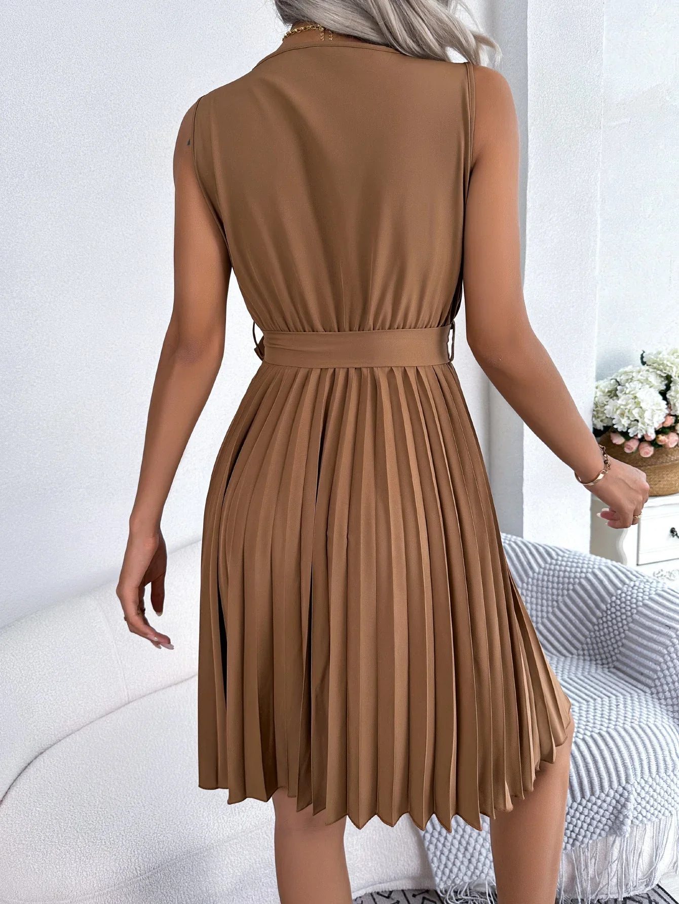 Myra Dress | Sleeveless Brown Pleated Mini Dress - Image 3