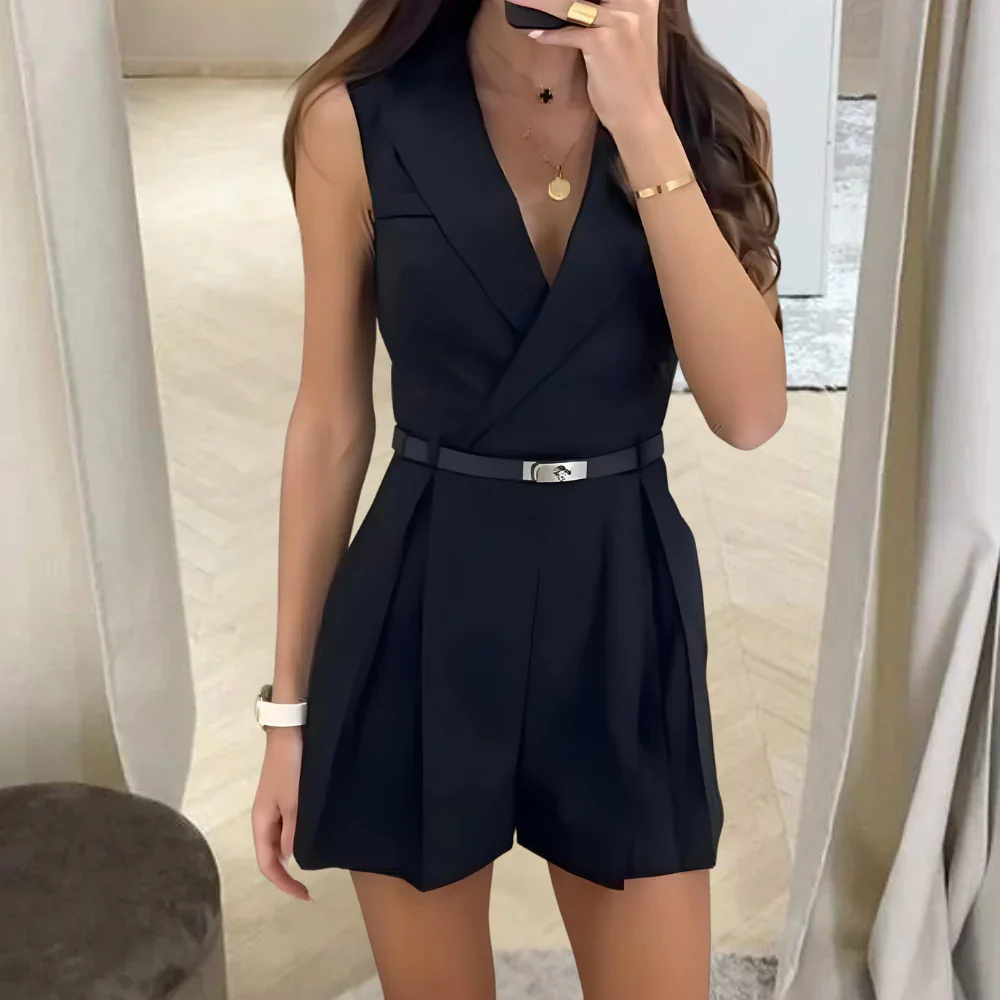 Nabila Romper | Sleeveless Belted Waist V-Neck Romper