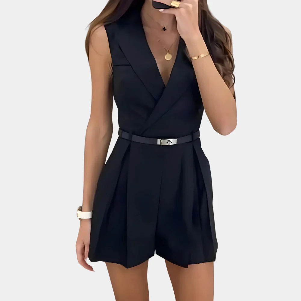 Nabila Romper | Sleeveless Belted Waist V-Neck Romper - Image 5