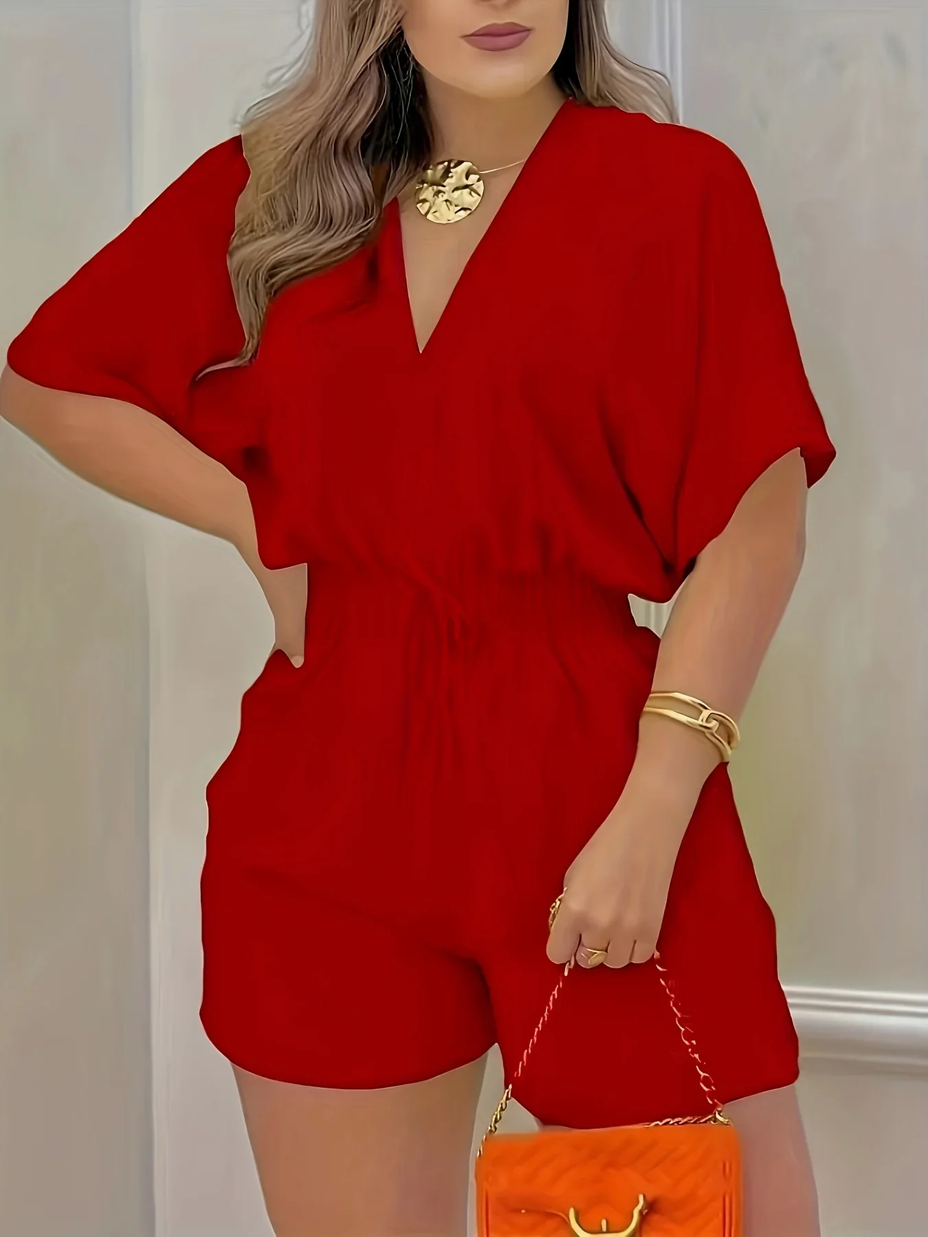 Nahlia Romper | Short Sleeve V-Neck Shirred Waist Romper - Image 3