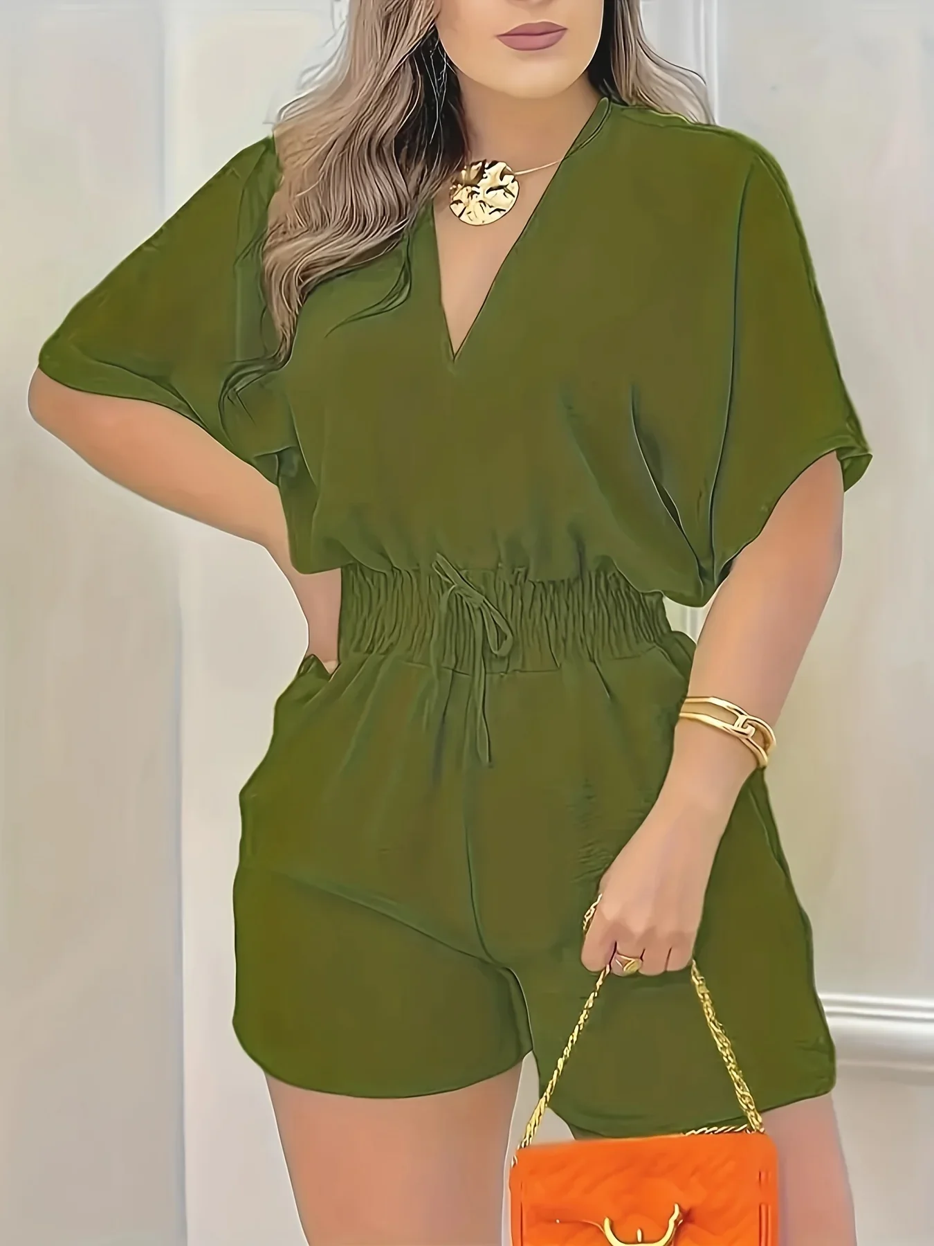 Nahlia Romper | Short Sleeve V-Neck Shirred Waist Romper - Image 4
