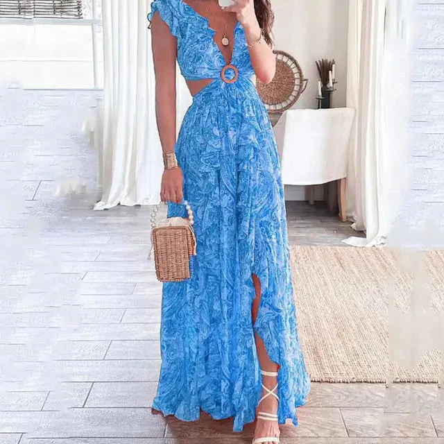 Nala Floral Layered Ruffles Folklore V-Neck Sleeveless Front Slit Maxi Dress - Image 2