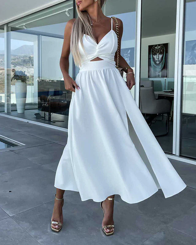 Nalani Dress | Deep V Hollow-Out Large Hem Split Strap Dress