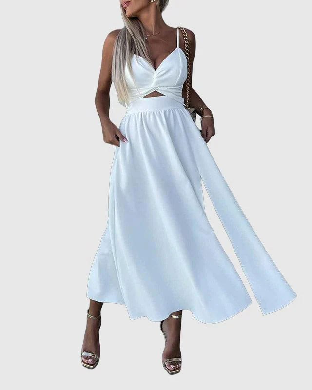 Nalani Dress | Deep V Hollow-Out Large Hem Split Strap Dress - Image 3