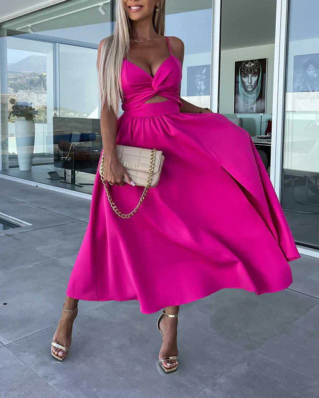 Nalani Dress | Deep V Hollow-Out Large Hem Split Strap Dress - Image 5