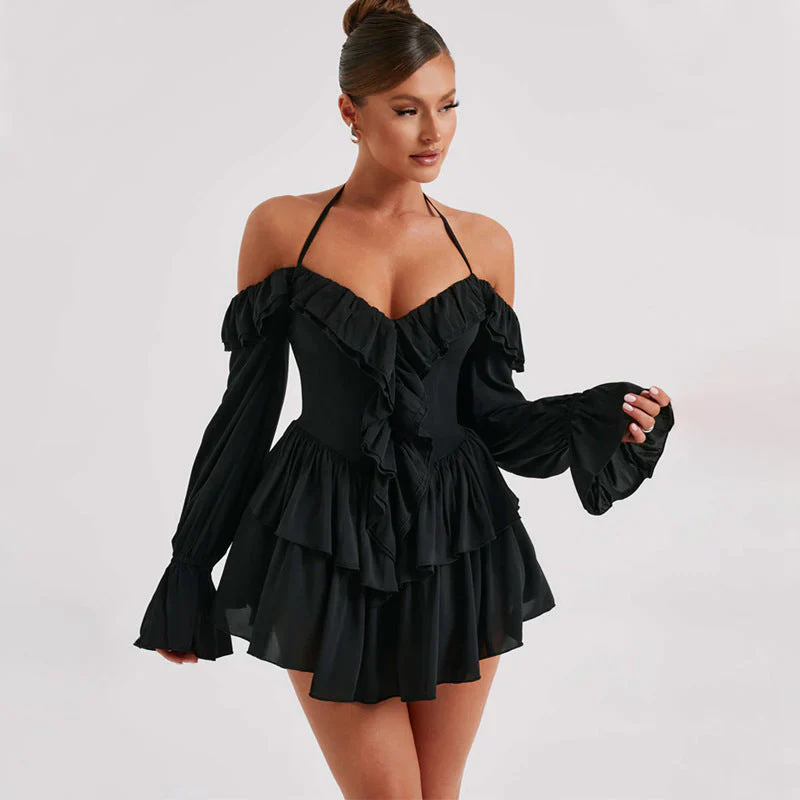 Nariyah Romper | Deep V Ruffle Front Off Shoulder Long Sleeve Romper